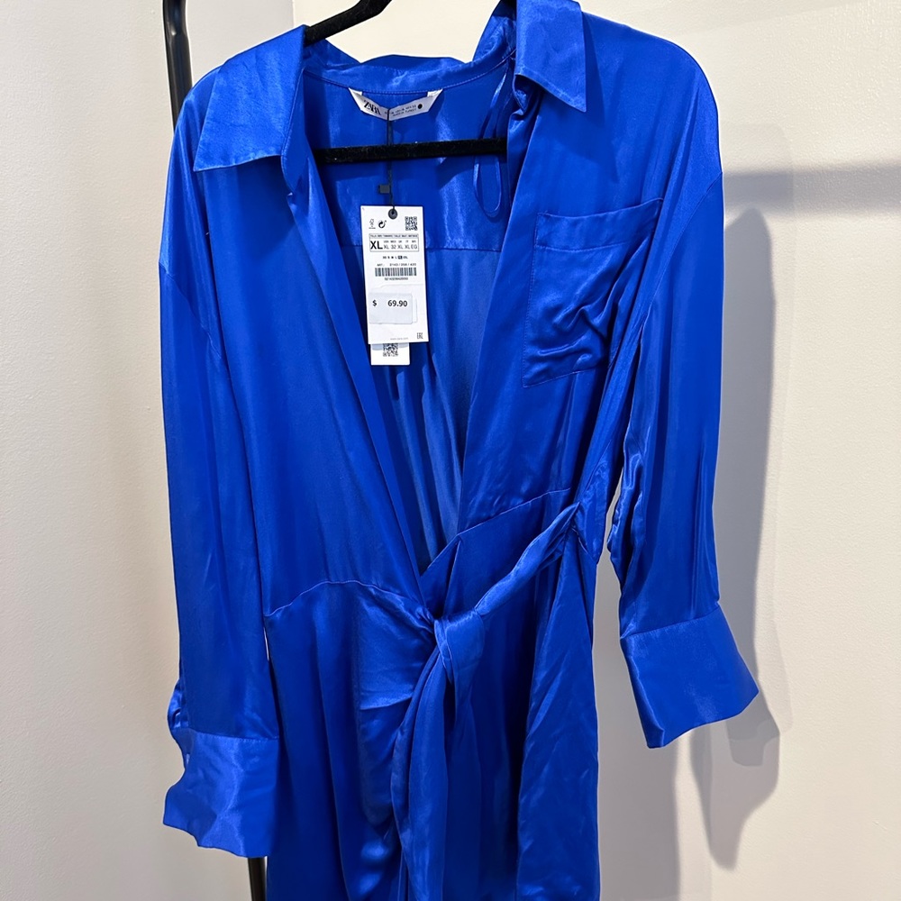 Zara Cobalt Blue Satin Shirt Dress - new with tags!
